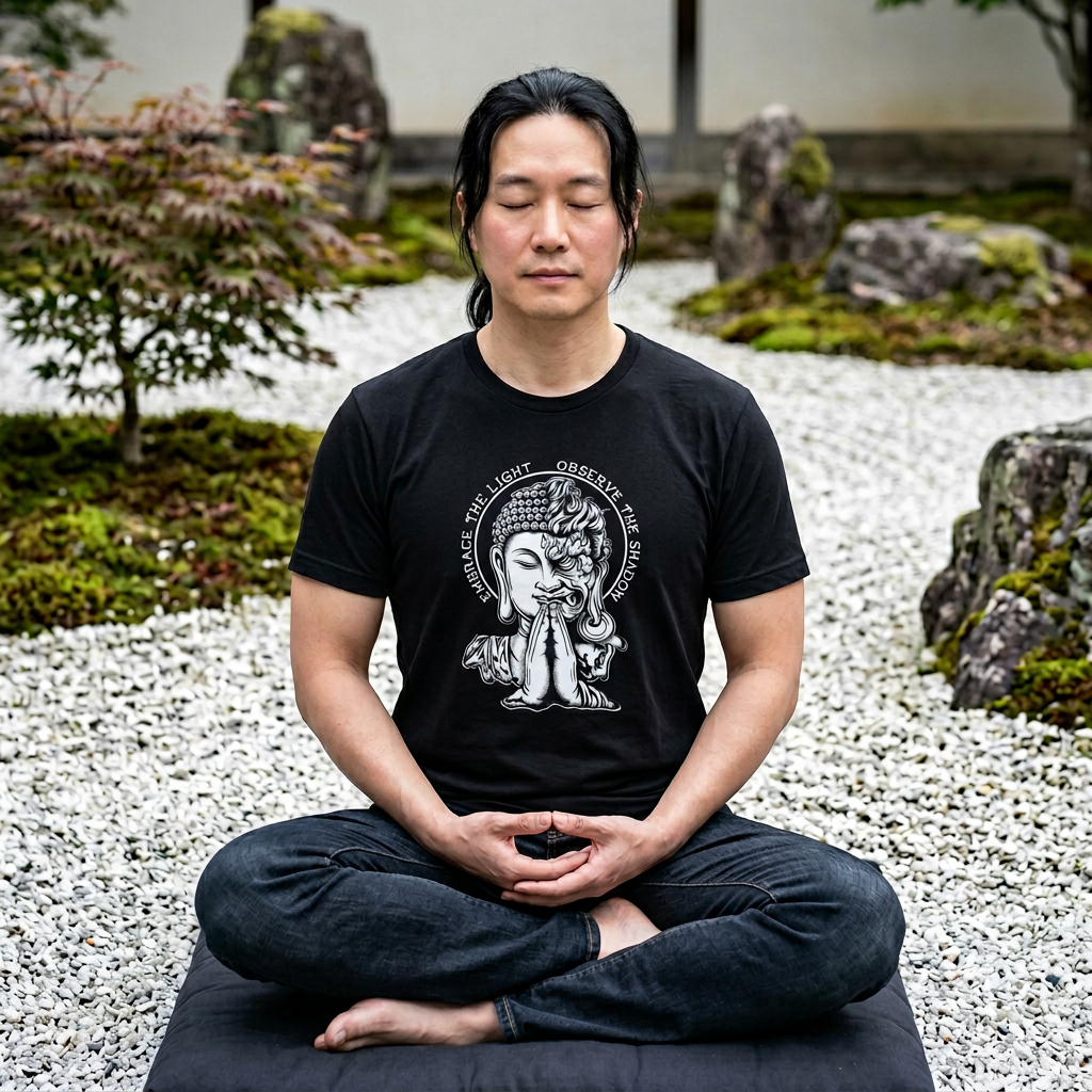 Embrace the Light Observe the Shadow T-Shirt | Buddha Shadow Self | Hand-Drawn Philosophy Art