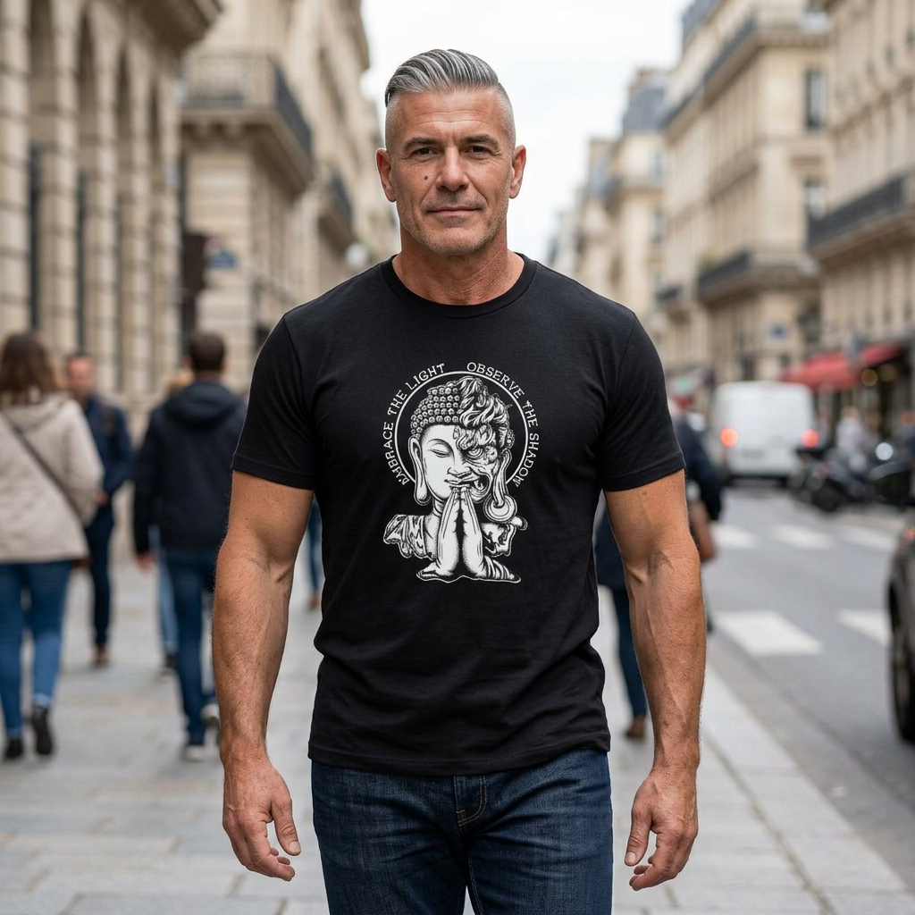 Embrace the Light Observe the Shadow T-Shirt | Buddha Shadow Self | Hand-Drawn Philosophy Art