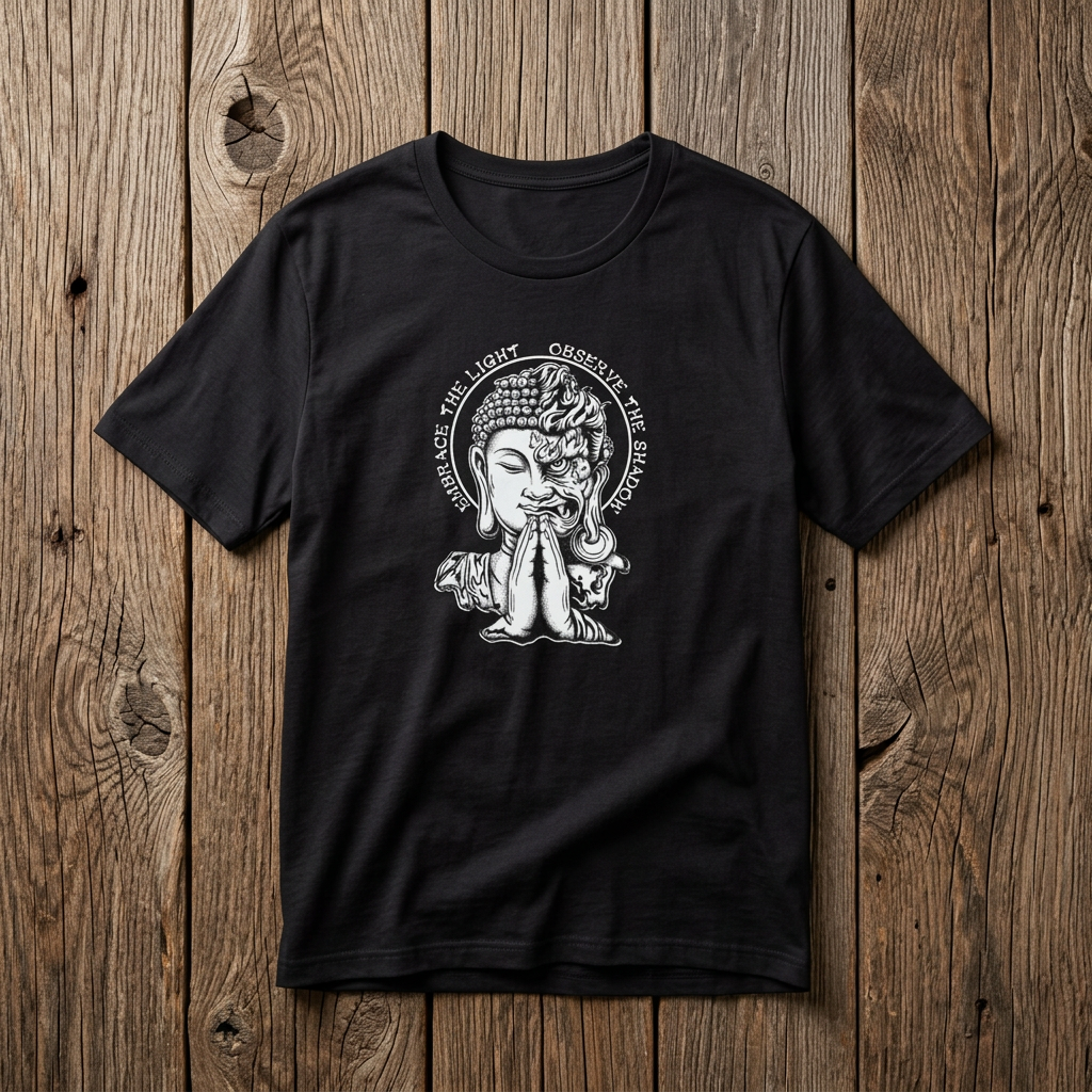 Embrace the Light Observe the Shadow T-Shirt | Buddha Shadow Self | Hand-Drawn Philosophy Art