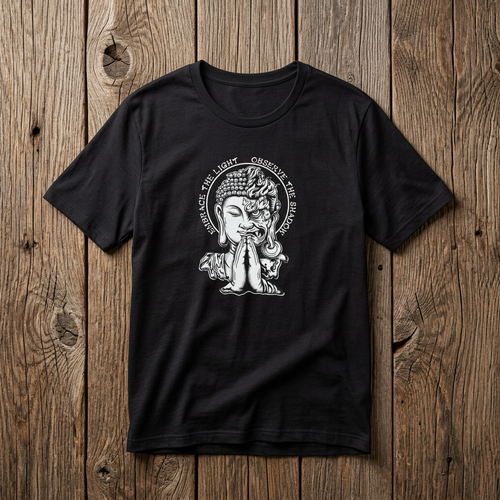 Embrace the Light Observe the Shadow T-Shirt | Buddha Shadow Self | Hand-Drawn Philosophy Art