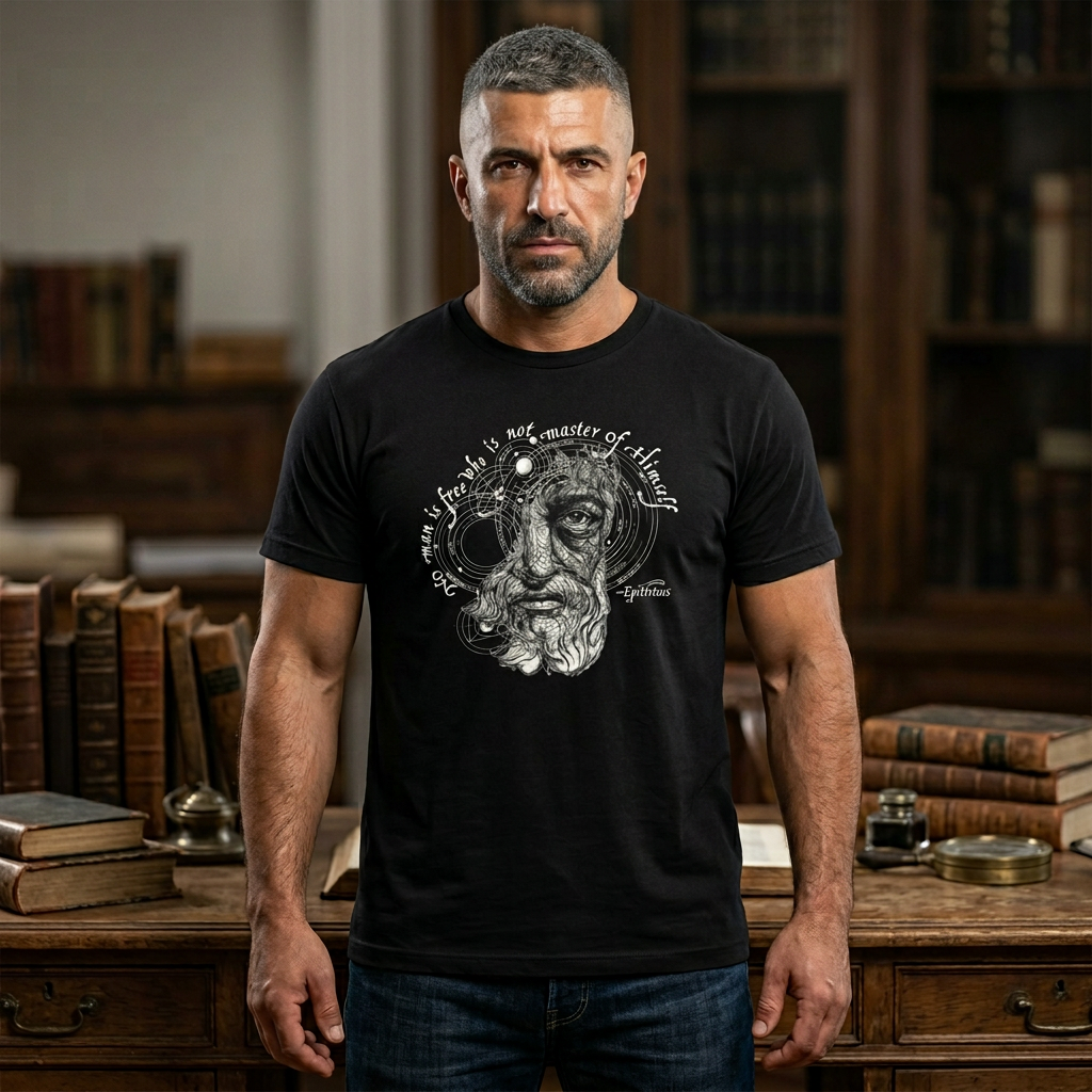 Epictetus T-Shirt | "No Man is Free Who is Not Master of Himself" | Hand-Drawn Stoic Philosophy Art