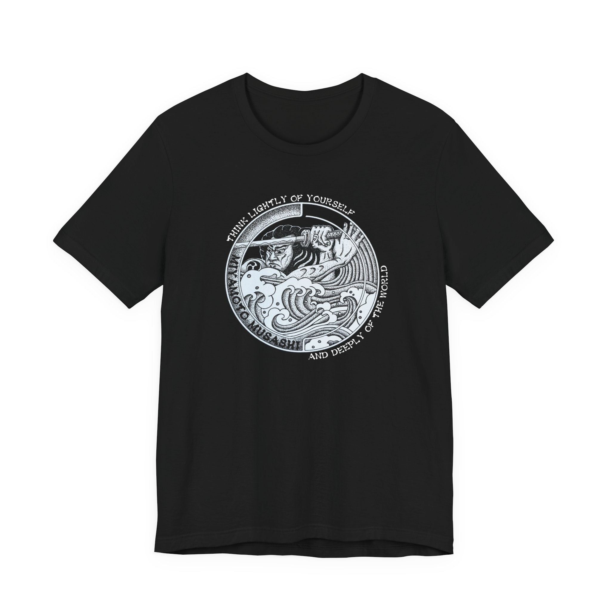 Musashi pointillism circle design — hand-drawn samurai warrior with Japanese waves and philosophy quote
61931851971