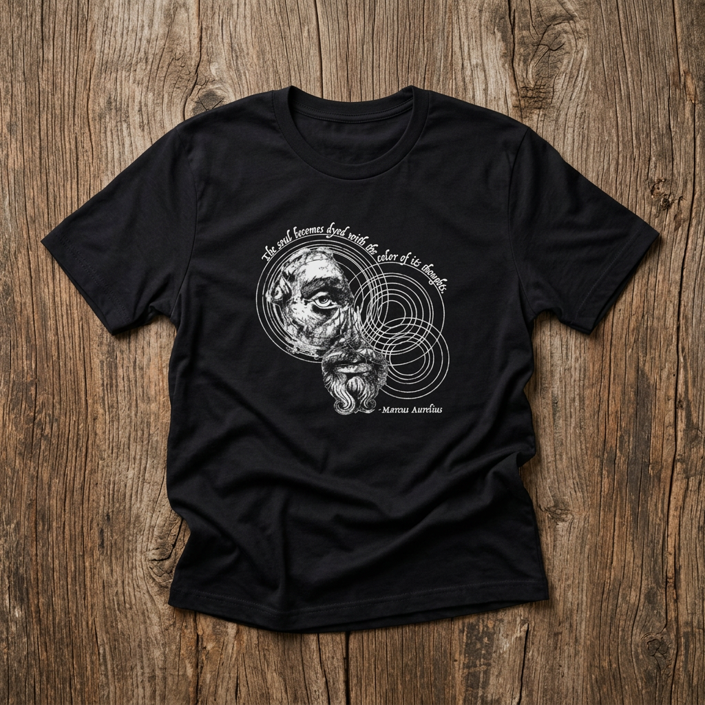 Marcus Aurelius stoic philosophy t-shirt — hand-drawn portrait with mind ripples by CK Mackie