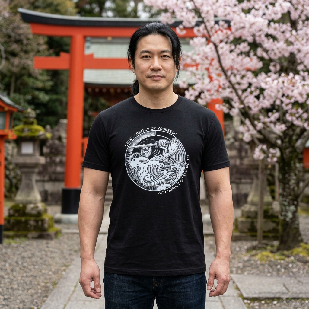 Man wearing black Miyamoto Musashi pointillism t-shirt at Japanese torii gate — New Thought Threads